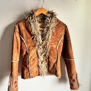 Brown Faux Fur Trimmed Shearling Jacket w/ Floral Embroidery Accent size small
